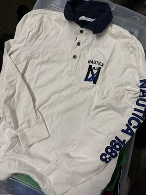 Nautica White Long-Sleeve Polo with Navy and Royal Blue Accents